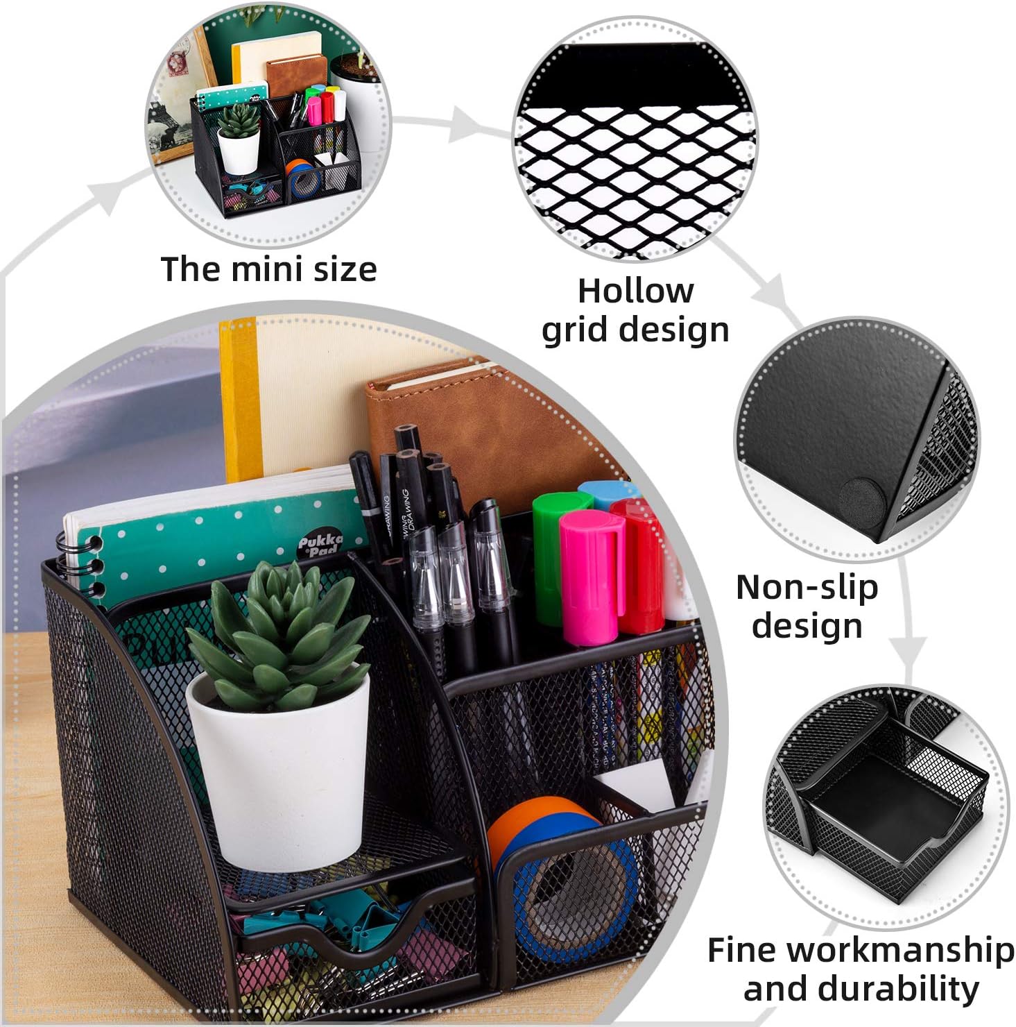MDHAND Office Desk Organizer and Accessories Desk Drawer Organizer with 6 Compartments, Mesh Pencil Desk Organizer For Home Office - Image 3